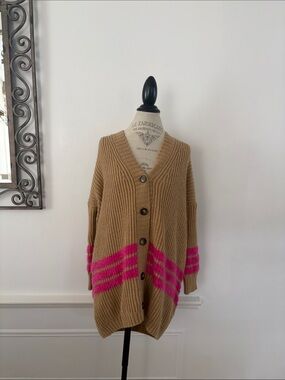 Relaxed Tan Cardigan with Bright Pink Stripe Accents